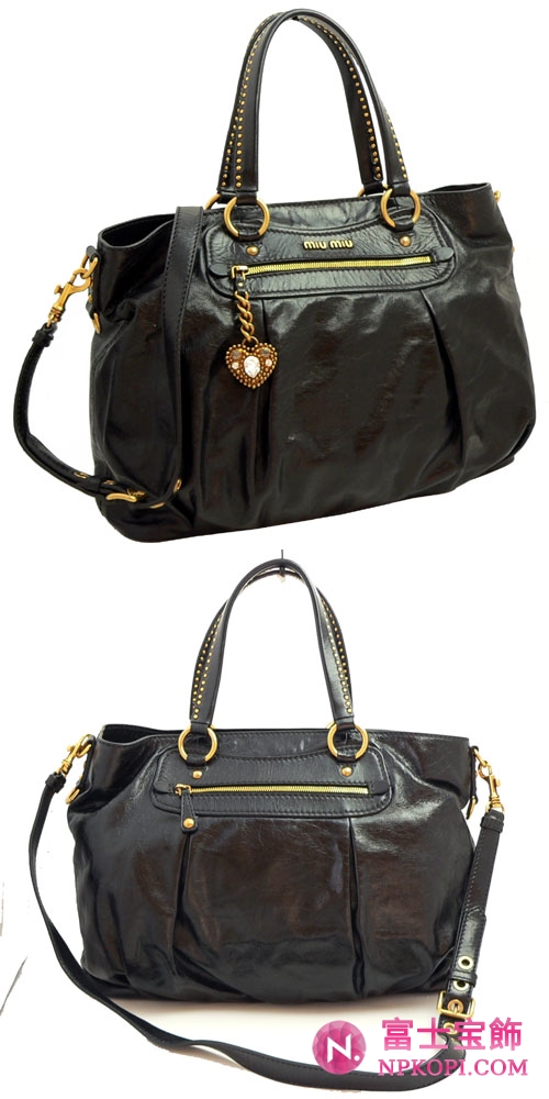 ミュウミュウ MIUMIU トートバッグ ショルダーバッグ 2WAY ハートチャーム付 スタッズ レザー ブラック（NERO） RR1733 VITELLO SHINE